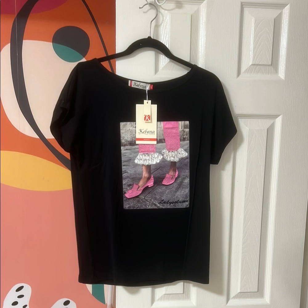 Black Graphic T-Shirt with Pink Accents